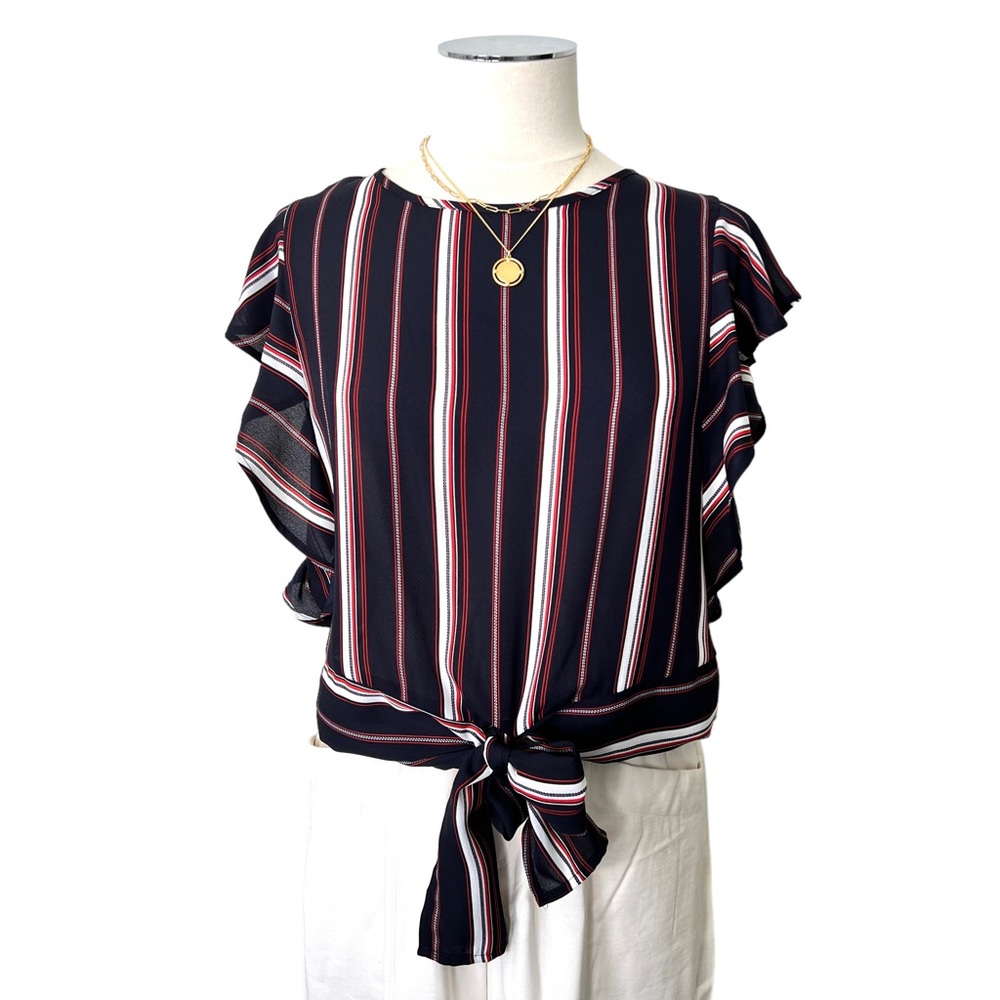 MONTEAU Striped Flutter Sleeve Front Bow Tie Blouse Navy Blue Red White Sz M
